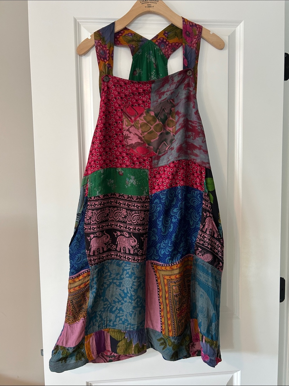 Jayli Boho Patchwork Mini Dress Sz S w MEASUREMENTS 5 Pockets Adjustable Straps